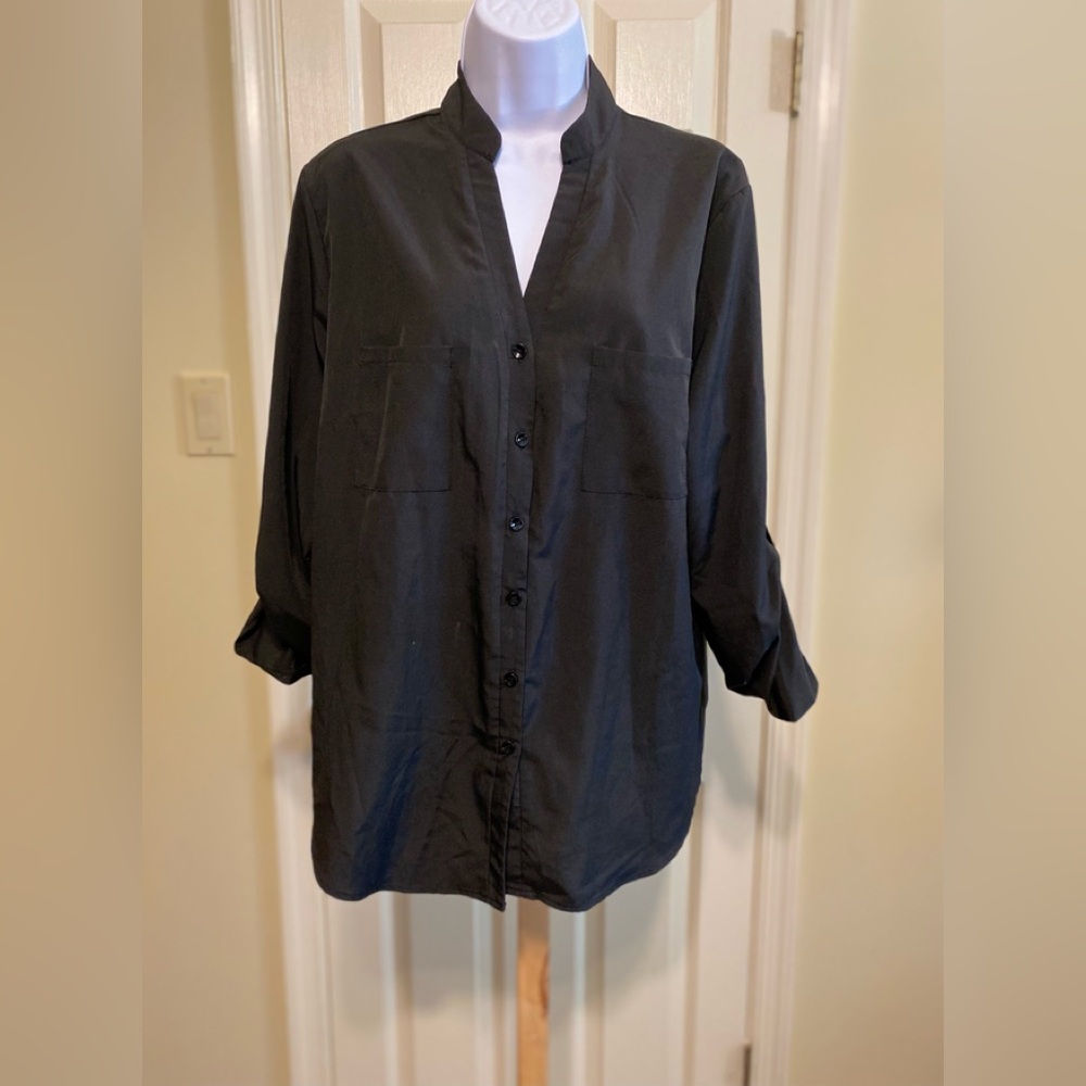 Zeagoo - Woman’s black v-neck button-down roll-up sleeves, 2 pockets, Size: XL